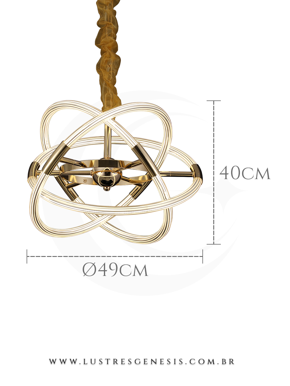 Lustre pendente de LED dourado Science Ø49cm da Sindora, com design moderno e medidas de 49cm de diâmetro por 40cm de altura, ideal para sala de jantar e estar.